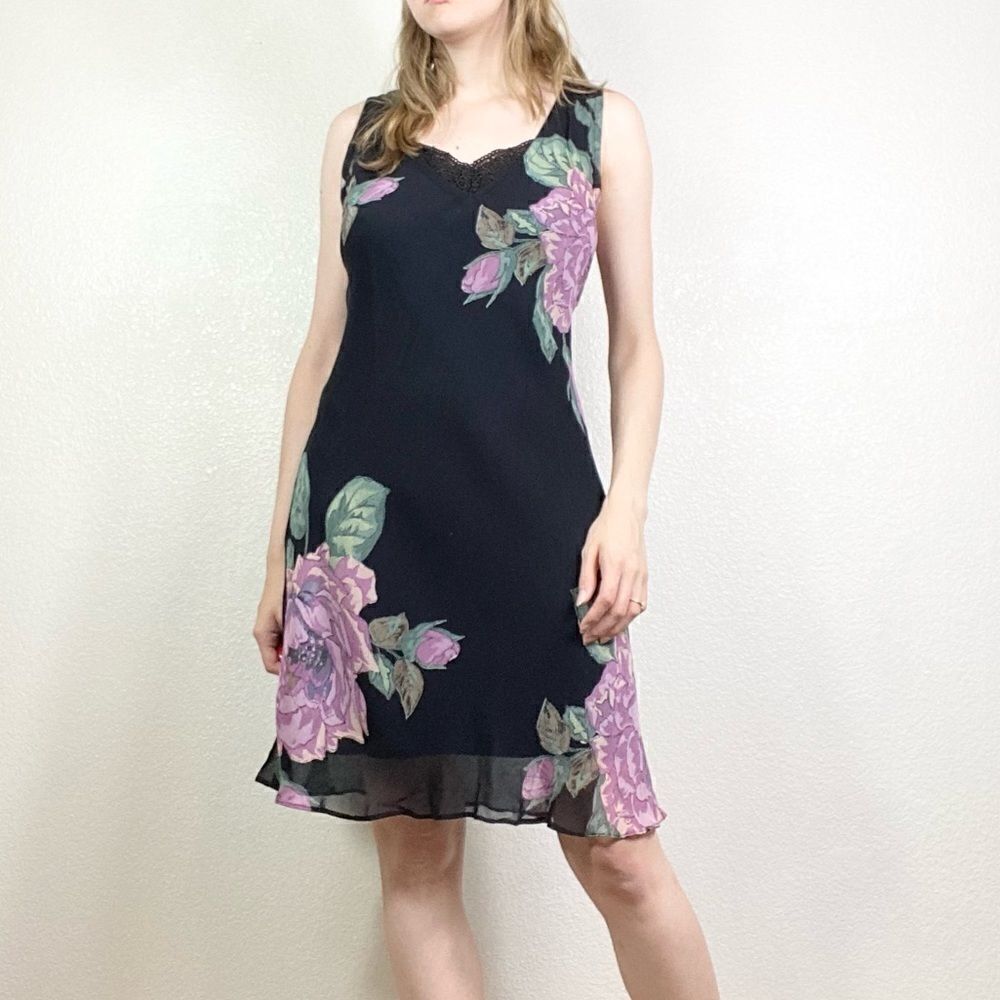 Vintage Black & Purple Floral Knee Length Slip Dress